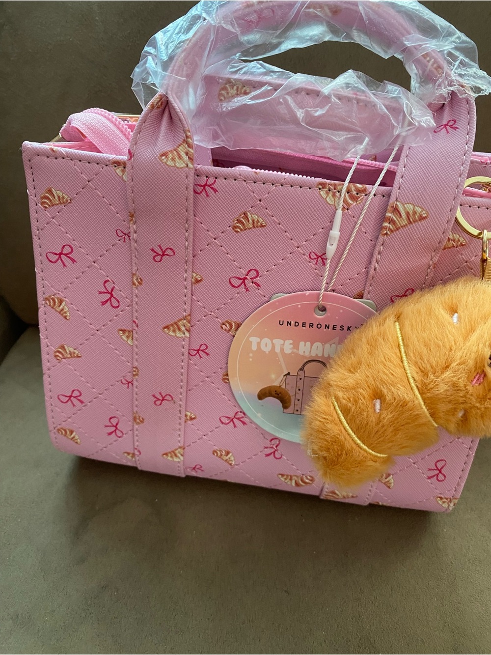 Under One Sky Pink Croissant Print Kids Tote with Plush Charm - Picture 2 of 2